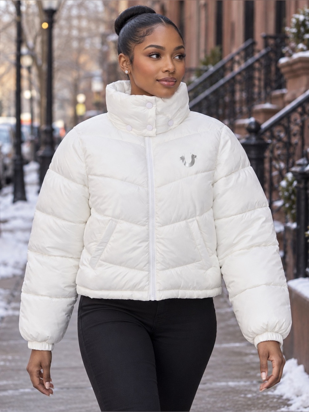 NWT True Religion Optic White Double Collar Puffer Jacket Small Y2K vibe